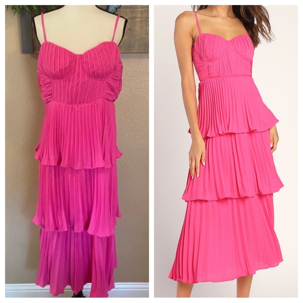 NWOT Lulus Cascading Crush Hot Pink Tiered Bustier Midi Dress